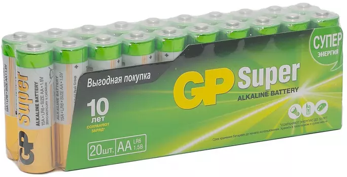 Алкалиновые батарейки GP Super Alkaline 15А АA (Пленка, 20 шт)