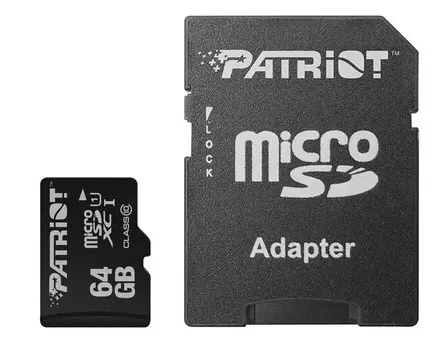 Карта памяти microSDHC Patriot 64Gb LX + SD адаптер (PSF64GXPPBUSB)