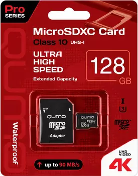 Карта памяти Qumo MicroSDXC 128 GB UHS-I U3, Pro seria 3.0 + адаптер SD (QM128GMICSDXC10U3)