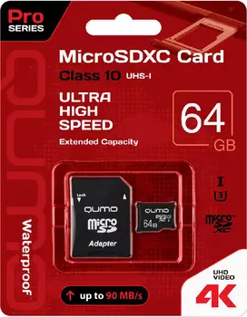 Карта памяти Qumo MicroSDXC 64 GB UHS-I U3, Pro seria 3.0 + адаптер SD (QM64GMICSDXC10U3)