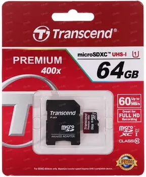 Карта памяти Transcend microSDXC 64GB Class 10 UHS-I 400x (Premium)