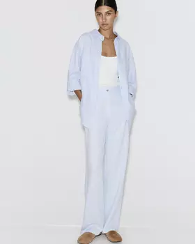 Брюки со льном голубого цвета