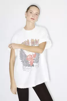 Футболка вареная с принтом "Розы" молочного цвета