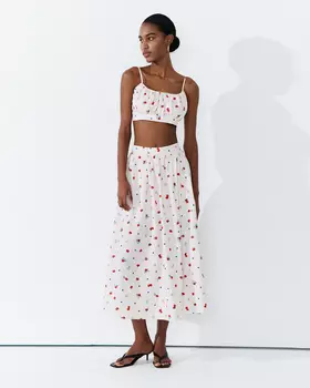 Юбка из хлопка миди с принтом молочного цвета