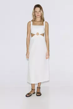 Платье миди со льном молочного цвета