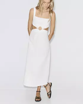 Платье миди со льном молочного цвета