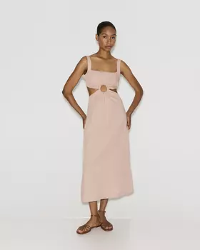 Платье миди со льном розового цвета