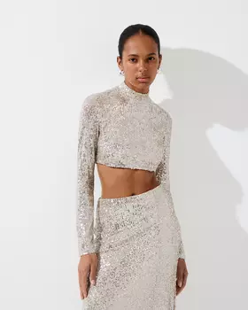 Топ с пайетками с длинным рукавом бежевого цвета