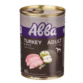 АВВА Adult Влажный корм (консервы) для взрослых собак всех пород, с индейкой и яблоком, 400 гр.