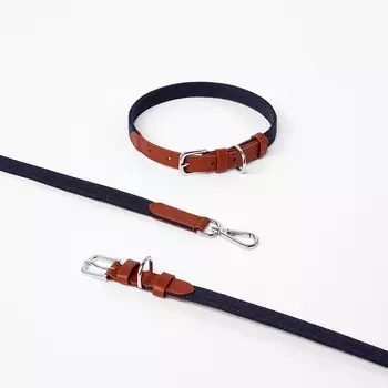 Barq Кожаный комплект Поводок + Ошейник - Tesoro, M, Шоколадно-синий