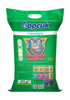 Барсик Наполнитель бентонитовый впитывающий антибактериальный для кошачьего туалета Стандарт, 15л (9,5 кг)