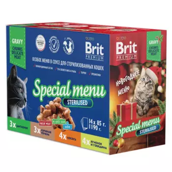 Brit Особое меню в соусе для стерилизованных кошек, 14шт.х85 гр. (цыпленок в соусе, куриная печень в соусе, лосось в соусе, ягненок и говядина в соусе)