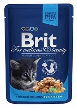 Brit Premium Cat Pouches Kitten влажный корм для котят, кусочки c курицей, 100 г
