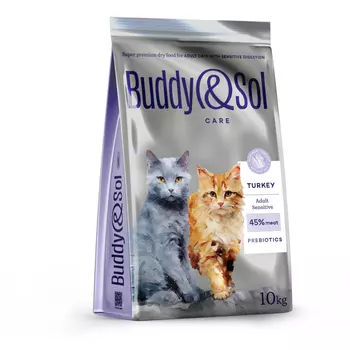 Buddy&Sol Care Сухой корм для взрослых кошек с чувствительным пищеварением, с индейкой, 10 кг