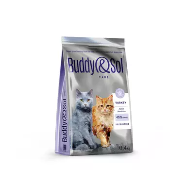 Buddy&Sol Care Сухой корм для взрослых кошек с чувствительным пищеварением, с индейкой, 400 гр.