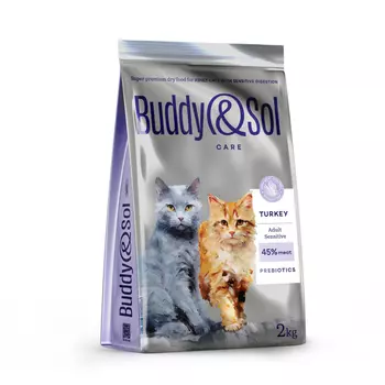 Buddy&Sol Care Сухой корм для взрослых кошек с чувствительным пищеварением, с индейкой, 2 кг