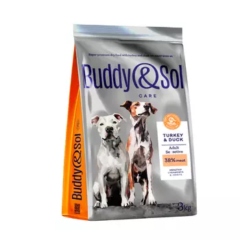 Buddy&Sol Care Сухой корм для взрослых собак средних и крупных пород с чувствительным пищеварением, с индейкой и уткой, 3 кг