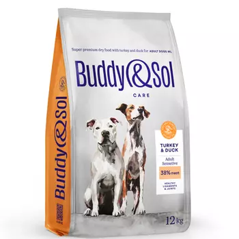 Buddy&Sol Care Сухой корм для взрослых собак средних и крупных пород с чувствительным пищеварением, с индейкой и уткой, 12 кг