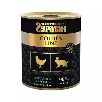 Четвероногий Гурман Golden Line Влажный корм (консервы) для щенков, цыпленок и кролик, 340 гр.