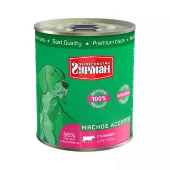 Четвероногий Гурман Влажный корм (консервы) для собак, мясное ассорти с языком, 340 гр.