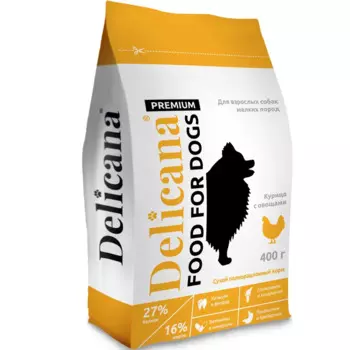 DELICANA Premium Сухой корм для собак мелких пород, курица с овощами, 400 гр.