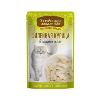 Деревенские лакомства Влажный корм (пауч) для кошек, с филейной курицей в нежном желе, 70 гр.