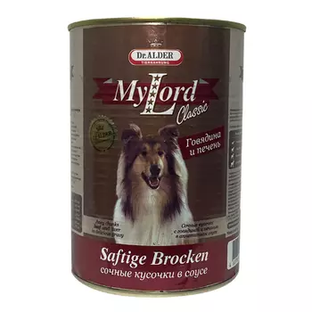 Dr. Alder's Влажный корм (консервы) для собак всех пород, говядина и печень кусочки в соусе, 970 гр.