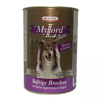 Dr. Alder's Влажный корм (консервы) для собак всех пород, кролик и сердце кусочки в соусе, 970 гр.