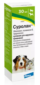 Elanco Суролан Суспензия для наружного применения для лечения отитов и заболеваний кожи бактериальной и грибковой этиологии у кошек и собак, 30 мл (по рецепту)