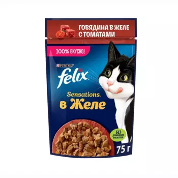 Felix Sensations Влажный корм (пауч) для взрослых кошек, с говядиной в желе с томатами, 75 гр.