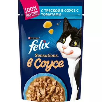 Felix Sensations влажный корм для взрослых кошек, с треской в соусе с томатами, 85 г