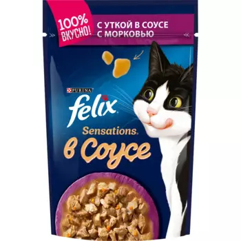 Felix Sensations влажный корм для взрослых кошек, с уткой в соусе с морковью, 85 г