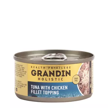 Grandin Holistic Влажный корм (консервы) для взрослых кошек, тунец с топпингом из курицы, 80 гр.