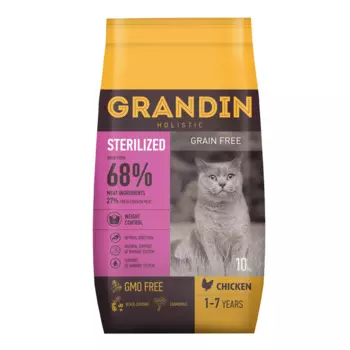 Grandin Sterilized корм для стерилизованных кошек в возрасте от 1 года до 7 лет, с курицей, 10 кг