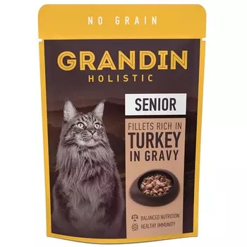 Grandin Влажный корм для кошек старше 7 лет, кусочки с индейкой в соусе без злаков, 85 гр.