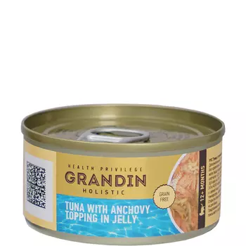 Grandin Влажный корм (консервы) для кошек, филе тунца с топпингом из анчоусов в желе, 80 гр.