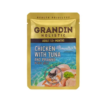 Grandin Влажный корм (пауч) для кошек, курица с тунцом и креветками в нежном желе, 85 гр.