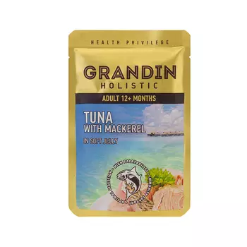 Grandin Влажный корм (пауч) для кошек, тунец с макрелью в нежном желе, 85 гр.