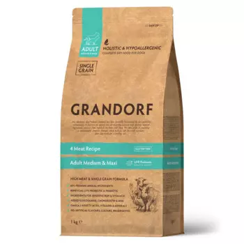 Grandorf Holistic Adult Medium & Maxi Сухой корм для собак средних и крупных пород, 4 вида мяса с пробиотиками, 1 кг