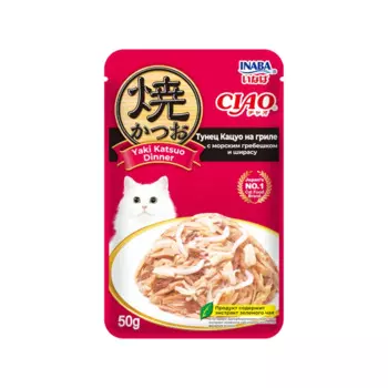 INABA CIAO Yaki Katsuo Dinner Влажный корм (пауч) для кошек, тунец кацуо на гриле с морским гребешком иширасу, 50 гр.
