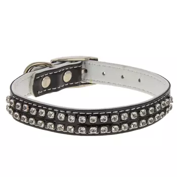 Каскад Ошейник для собак мелких пород Синтетик двойной прошитый со стразами в 2 ряда черный 25-31х1,7 см
