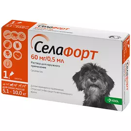 KRKA Селафорт Капли на холку для собак весом от 5,1 до 10 кг от блох, чесоточных клещей и гельминтов, 60 мг