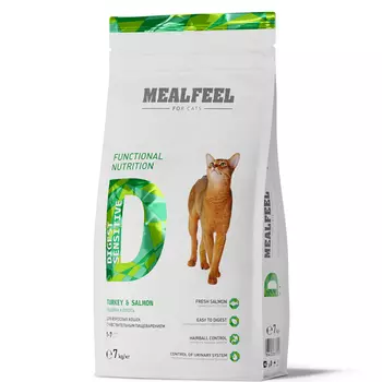 Mealfeel Functional Nutrition Digest Sensitive Сухой корм для кошек с чувствительным пищеварением в возрасте от 1 до 7 лет, с индейкой и лососем, 7 кг