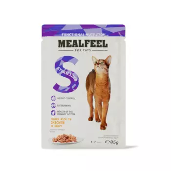Mealfeel Functional Nutrition Влажный корм (пауч) для контроля веса у стерилизованных кошек, курица в соусе с цельными кусочками филе, 85 гр.