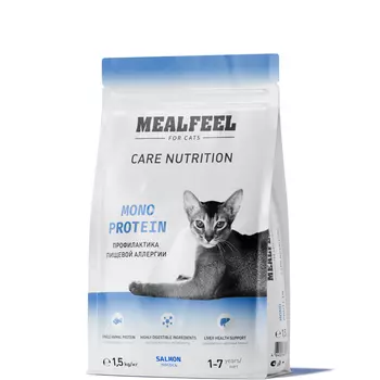 Mealfeel Mealfeel Care Nutrition Сухой корм полнорационный монопротеиновый длявзрослых кошек, с лососем, 1,5 кг