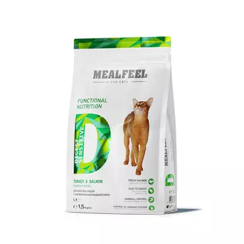 Mealfeel Functional Nutrition Digest Sensitive Сухой корм для кошек с чувствительным пищеварением в возрасте от 1 до 7 лет, с индейкой и лососем, 1,5 кг