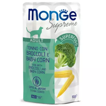 Monge Adult cat Влажный корм (пауч) для взрослых кошек, с тунцом, брокколи и мини-кукурузой, 80 гр.