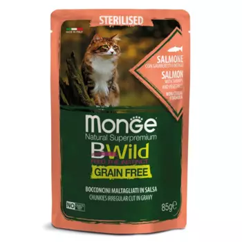Monge Cat BWild GRAIN FREE пауч из лосося с креветками и овощами для стерилизованных кошек 85г
