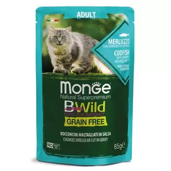 Monge Cat BWild GRAIN FREE пауч из трески с креветками и овощами длявзрослых кошек 85г