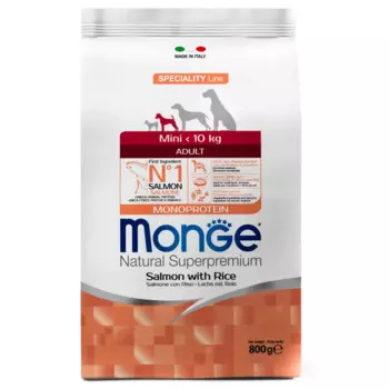 Monge Mini Adult корм для взрослых собак мелких пород, с лососем и рисом, 800г